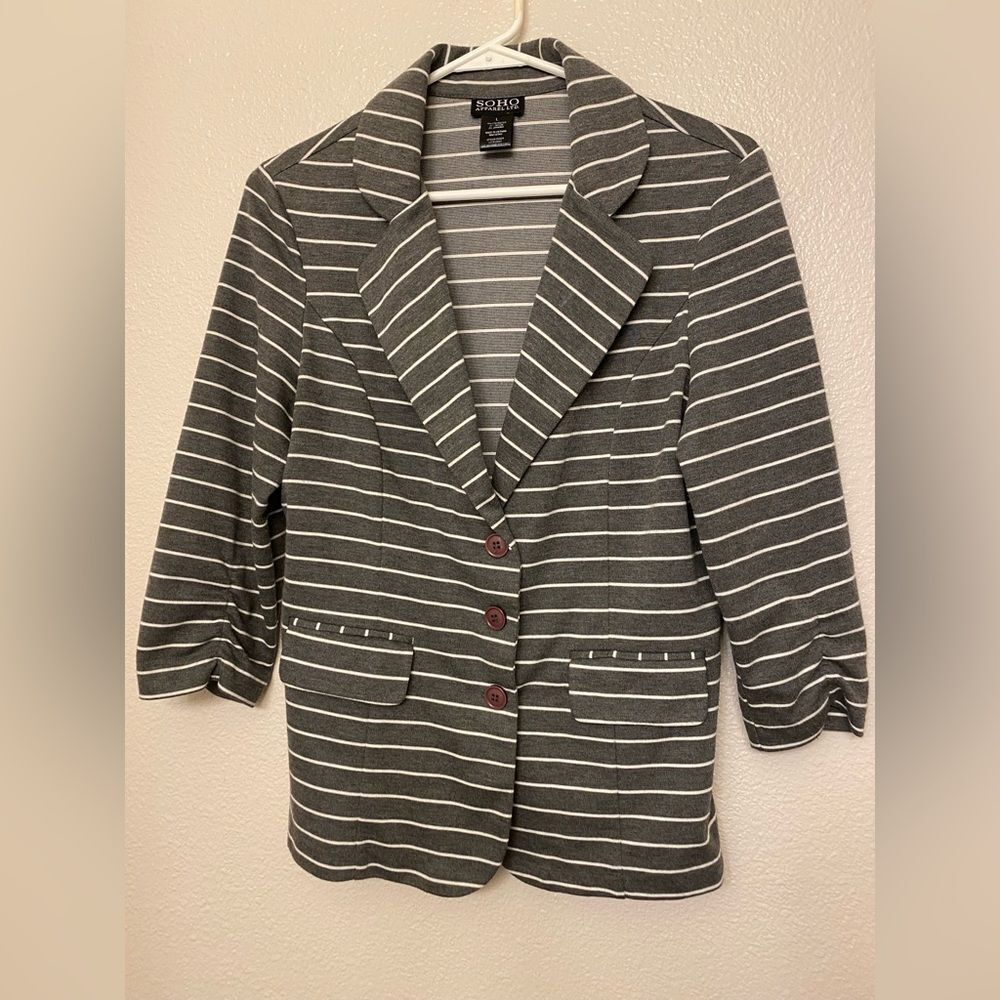 SoHo stretchy cotton Casual gray stripe 3/4 ruched Sleeve Blazer Jacket L